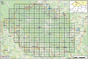 mapa pokrytí kvadrátů - zdroj:  Ptáci Krkonoš – atlas hnízdního rozšíření 2012–2014